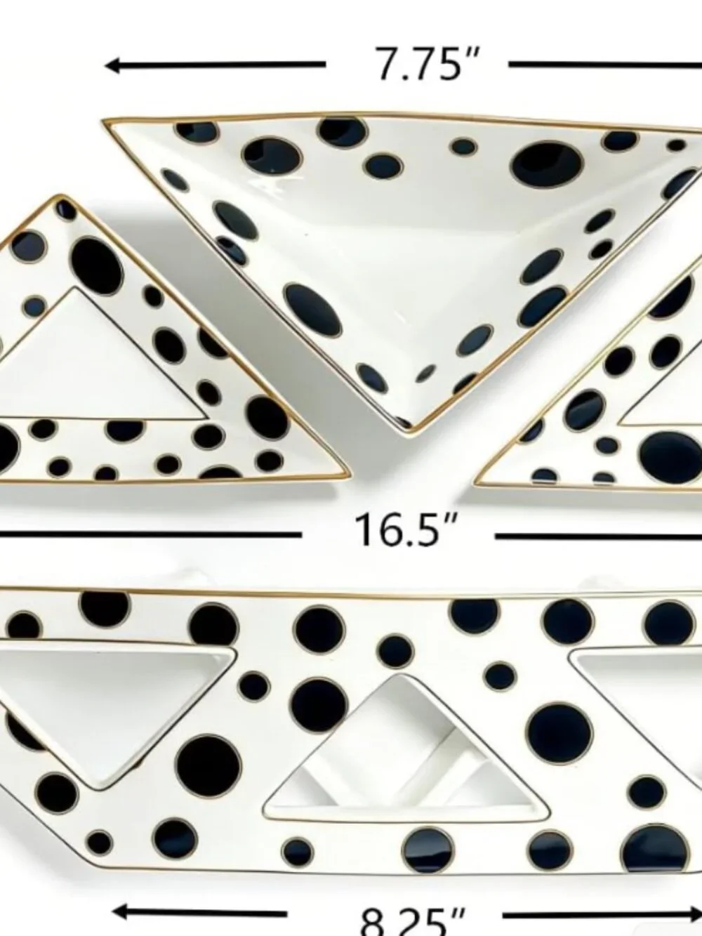 Triangle Divided Serving Tray Set of 3 w/ Stand Black White Polka Dot Porlien